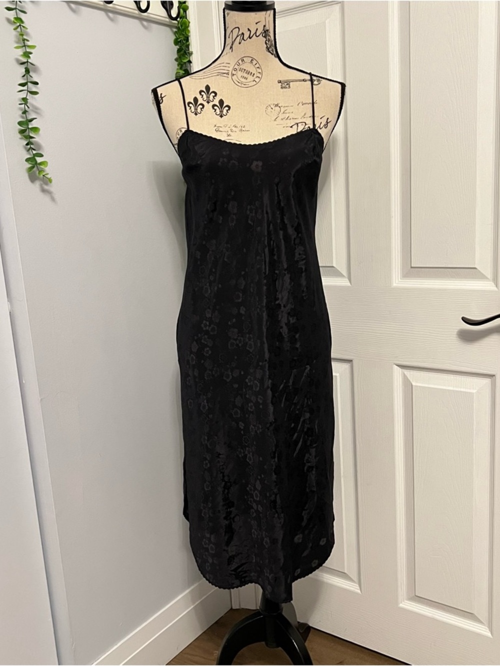 Black Slip Dress with Subtle Burnout Floral Pattern